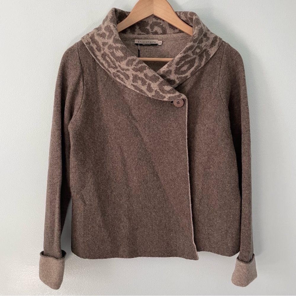 Chiaramente Wool Blend Contrast Trim Animal Print Collar Cardigan Size S